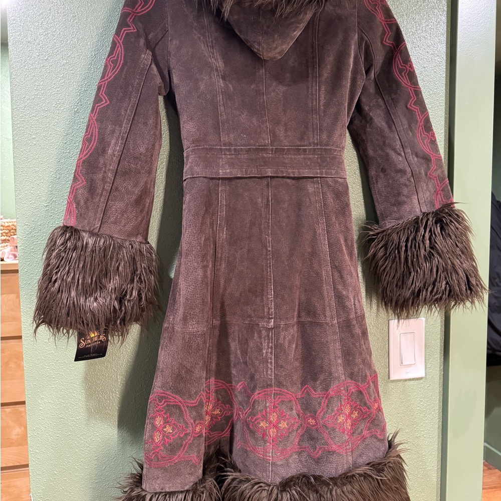 Brown Leather and Pink Embroidered Coat with Faux Fur Trim - Picture 3 of 5